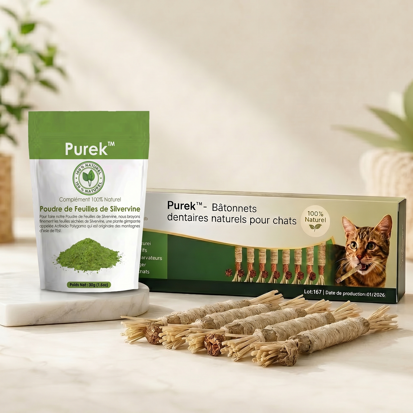 Kit Purek™ — Bâtonnets dentaires + Poudre attirante | Le rituel complet pour la santé et le bien-être de votre chat